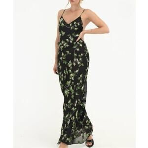 NEW Rumored Low Tide Black Floral V-Neck Maxi Dress in Envy Women's Small $128